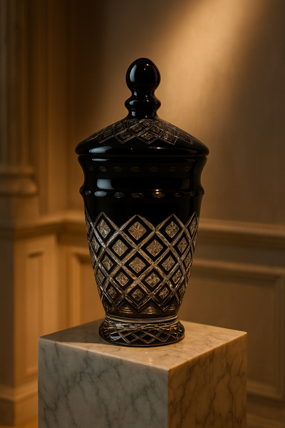 Noctura lidded vessel displayed on a pale stone pedestal