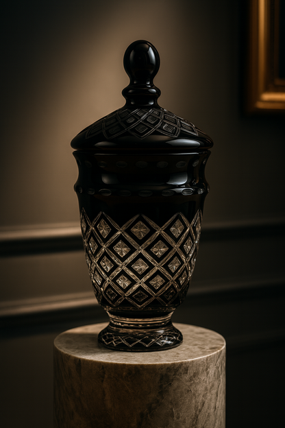 Noctura Obsidian Lidded Vase displayed on a round stone pedestal in a dark interior