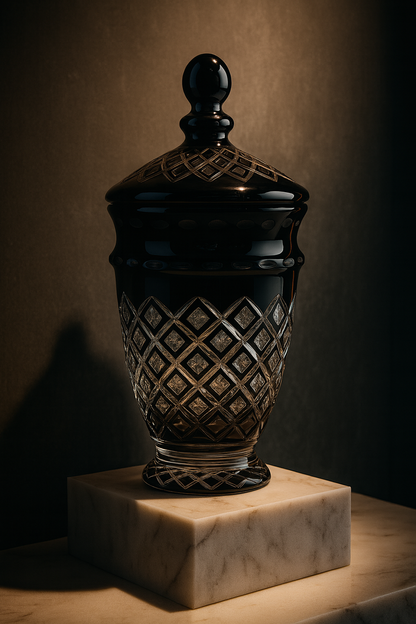 Noctura Obsidian Lidded Vase spotlighted on a square marble block against a black wall