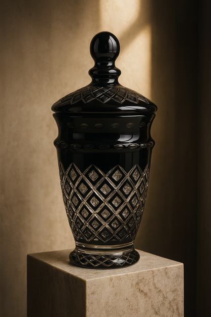 Noctura Obsidian Lidded Vase lit from above on a pale stone pedestal