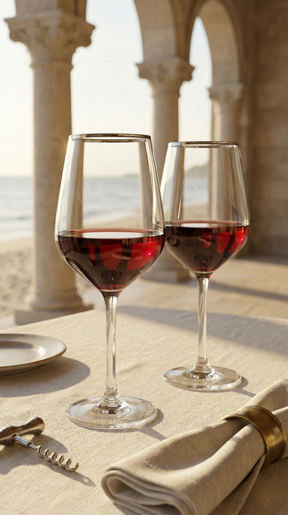 Two Platora goblets with red liquid at a sunlit terrace place setting
