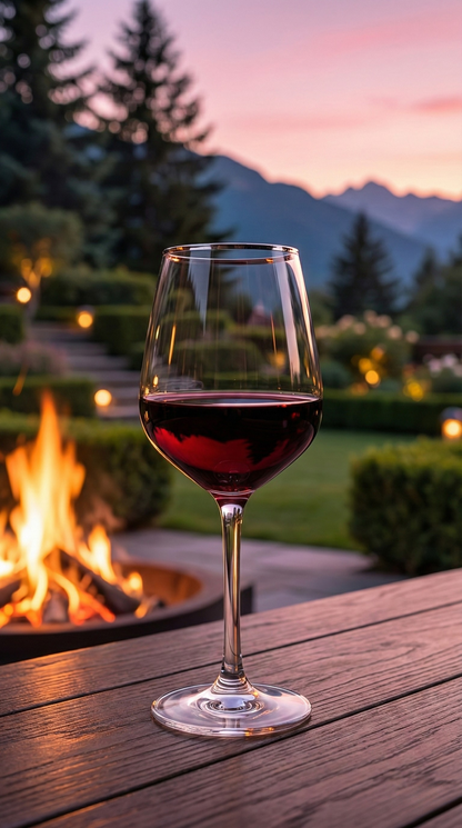 Platora Goblet with red liquid beside an outdoor fire at dusk