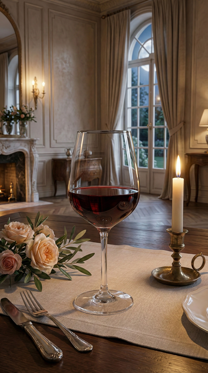 Platora Goblet with red liquid at an elegant candlelit table