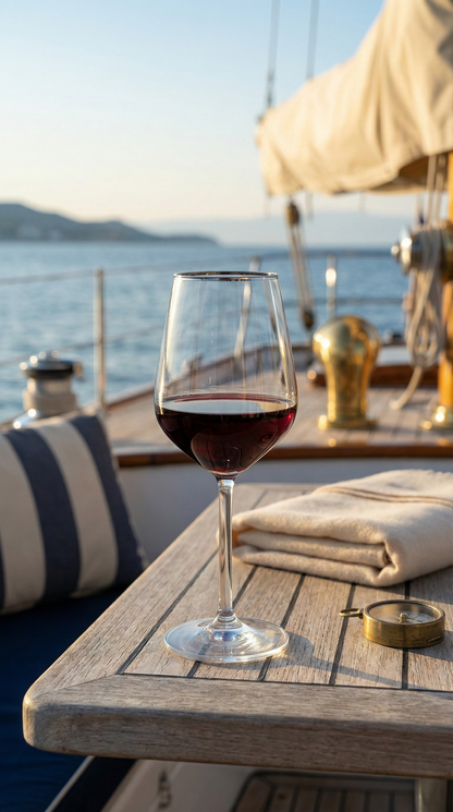 Platora Goblet with red liquid on a weathered yacht table