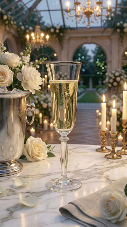 Platora Champagne Flute on a flowered marble table surrounded by candles and white roses