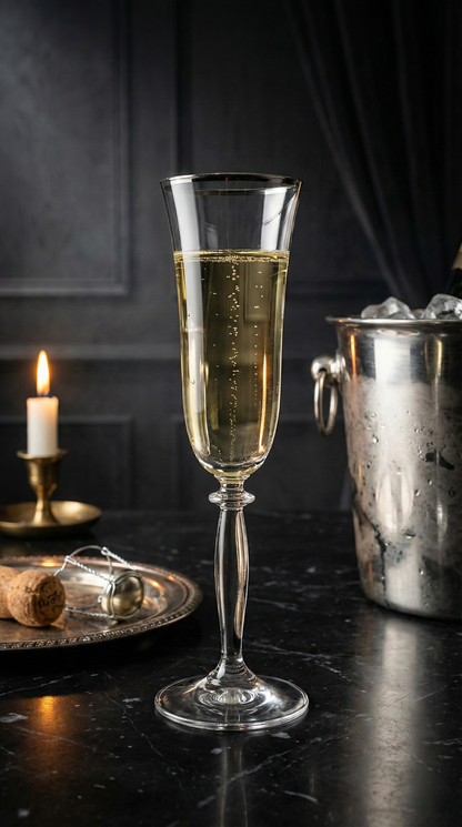 Platora Champagne Flute with a sparkling pour beside an ice bucket and candle on black marble