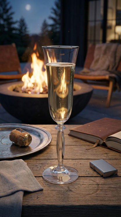 Platora Champagne Flute with a sparkling pour on a wooden table beside an outdoor fire