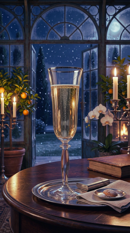 Platora Champagne Flute on a round table in a blue conservatory lit by candles at night