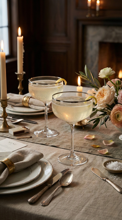 Two Platora coupe glasses with pale drinks on a formal dining table