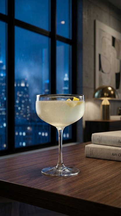 Platora Coupe Glass with a pale drink on a wood desk by city windows
