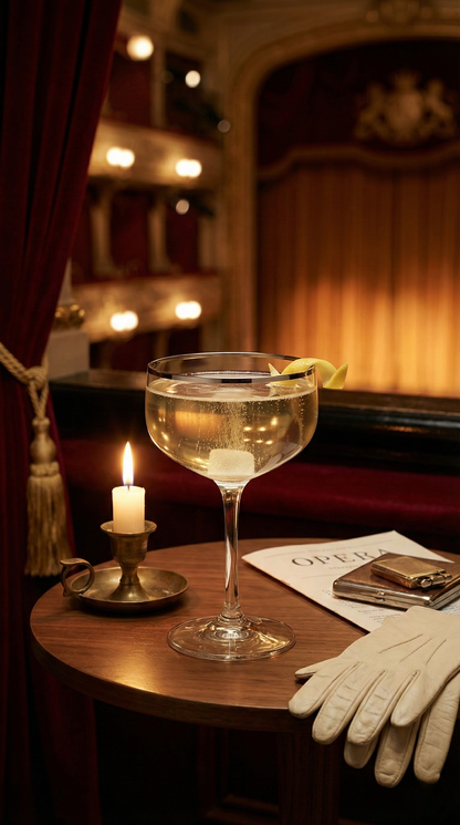 Platora Coupe Glass with a pale drink at a candlelit theatre table