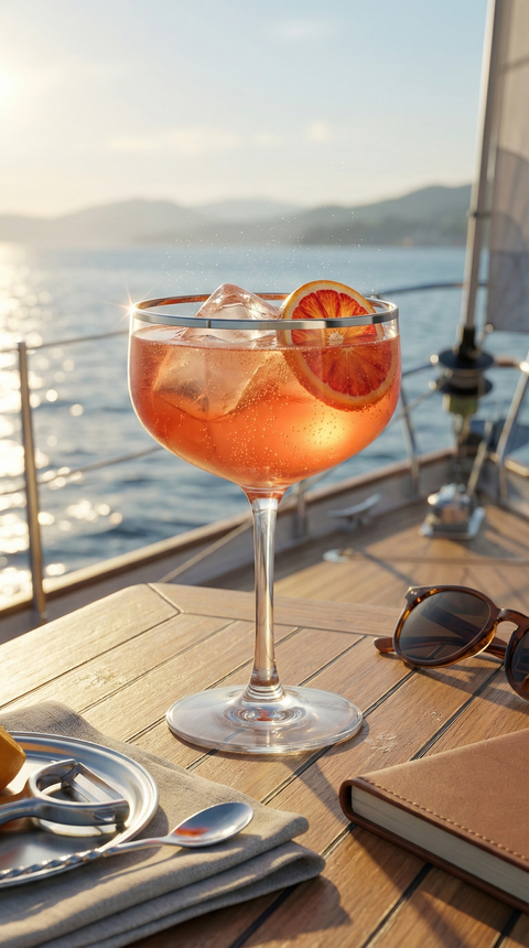 Platora Coupe Glass with a pink citrus drink on a sunlit yacht table