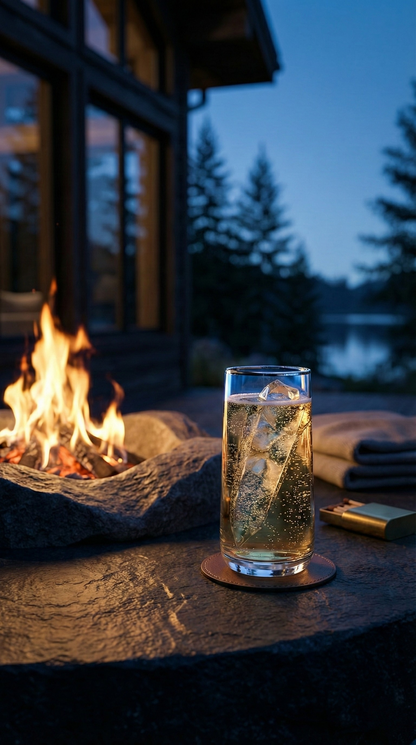 Platora Highball with an iced amber drink beside an outdoor fire at twilight.