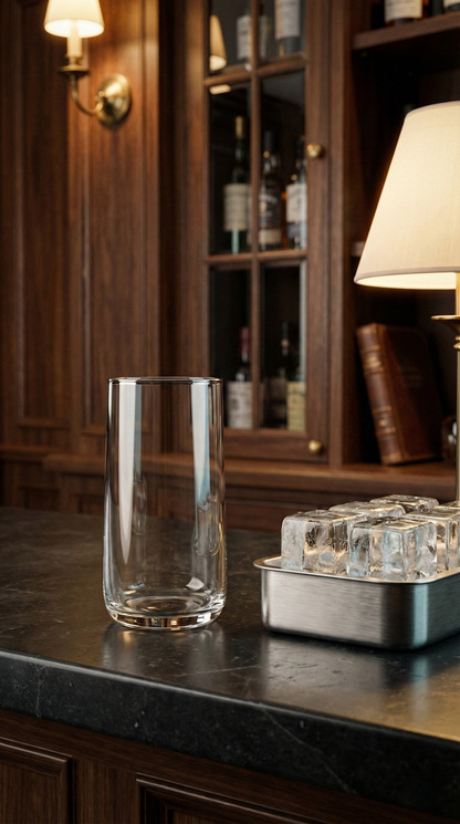 Platora Highball standing empty on a wood bar beside a metal ice tray.