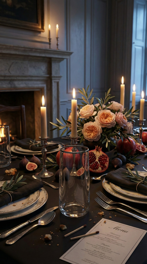 Platora Highball on a formal dining table with a flower centerpiece and candles.