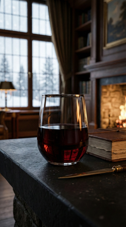 Platora Tumbler with a red pour on a stone ledge beside a library fireplace