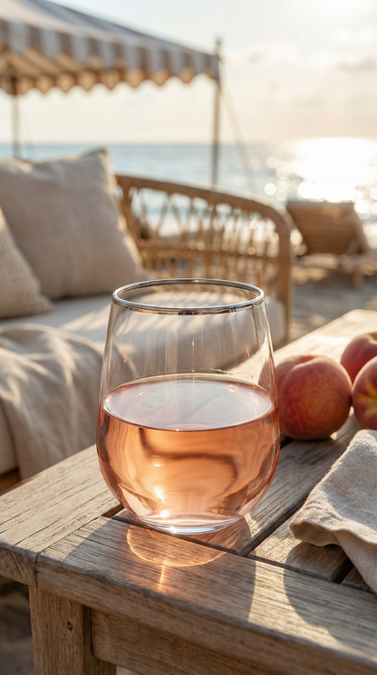 Platora Tumbler with a pink pour on a sunlit seaside table beside fresh peaches