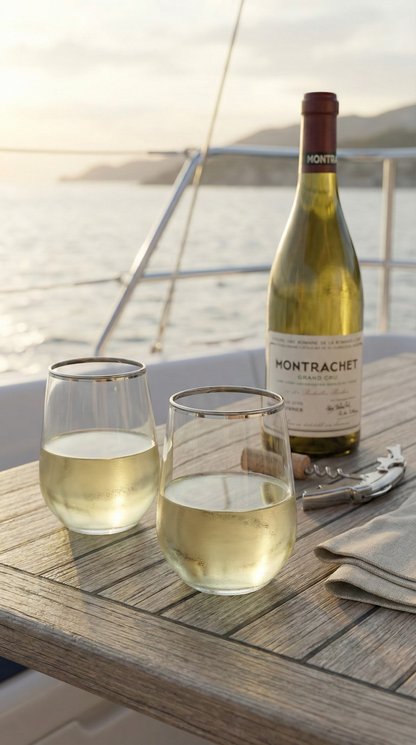 Two Platora Tumblers with pale pours on a yacht table beside a bottle and open water