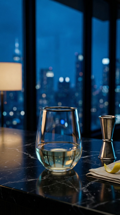 Platora Tumbler with a clear pour on a city apartment table after dark