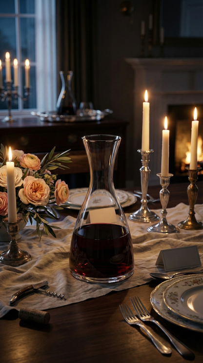 Platora Carafe with a dark red drink at a formal candlelit dining table.