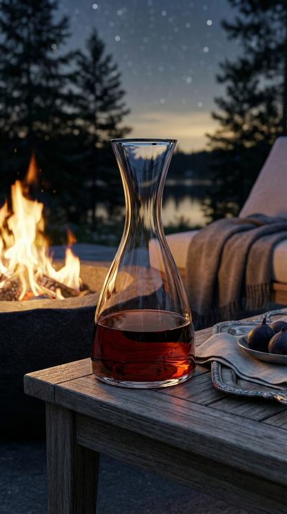 Platora Carafe holding a red drink beside an outdoor fire under a starry sky.