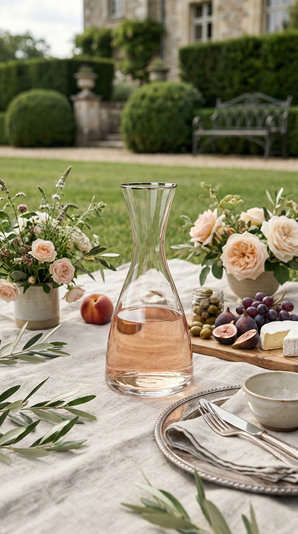 Platora Carafe with a pale drink at a garden table with cheese, fruit and flowers.