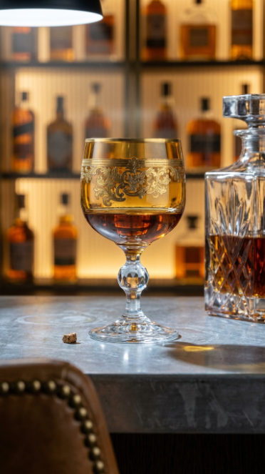 Roccaré Sunlit Amber goblet on a cocktail bar beside a clear decanter and bottle shelves