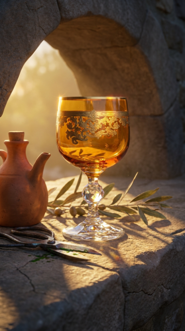 Roccaré Sunlit Amber goblet catching a beam of light on a stone table beneath an arch