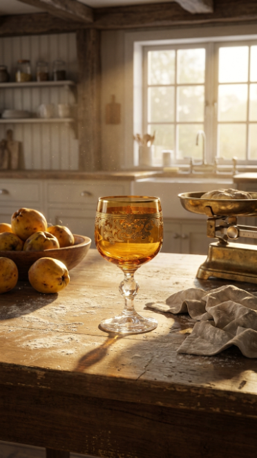 Roccaré Sunlit Amber goblet on a sunlit kitchen table with lemons and serving pieces