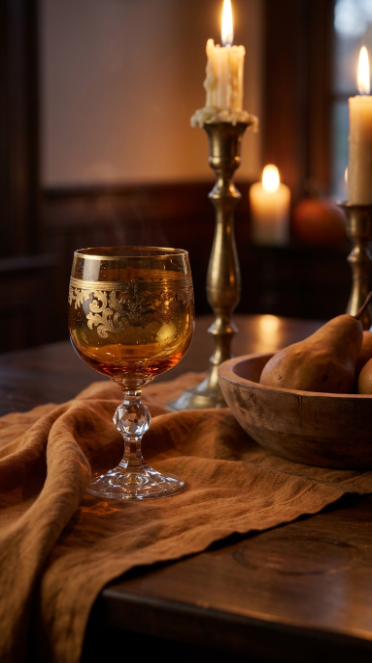 Roccaré Sunlit Amber goblet beside pastries and candles on a warmly draped table
