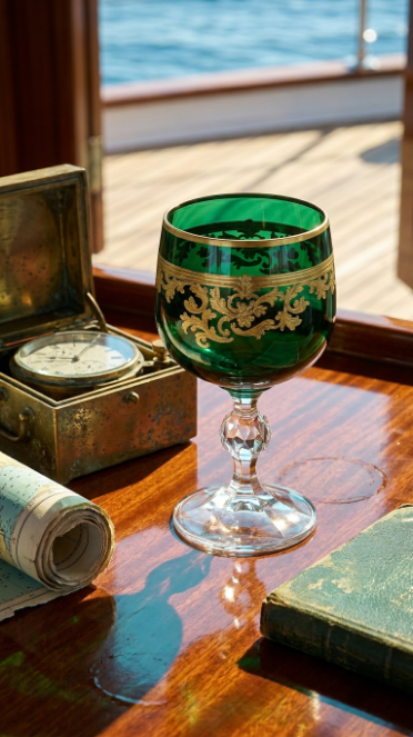 Sylvan Emerald Roccaré Cordial Goblet by a sea-view window beside books and a small box.