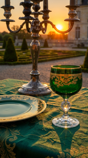 Sylvan Emerald Roccaré Cordial Goblet on an outdoor sunset table beside a tall candelabrum.