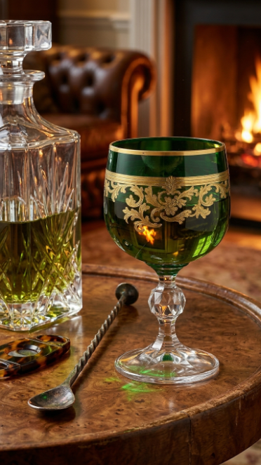 Sylvan Emerald Roccaré Cordial Goblet beside a faceted decanter on a fireside table.