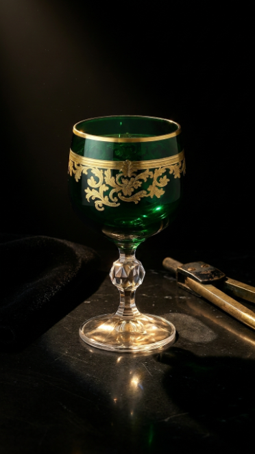 Sylvan Emerald Roccaré Cordial Goblet on a black table with a folded napkin and silverware.