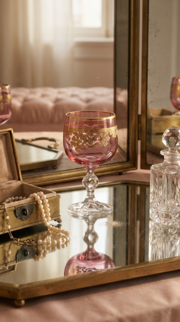 Orchid Rosé Roccaré cordial goblet reflected on a mirrored dressing table