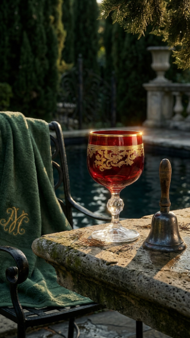 Roccaré Crimson Red goblet on a garden stone table beside green fabric and a service bell