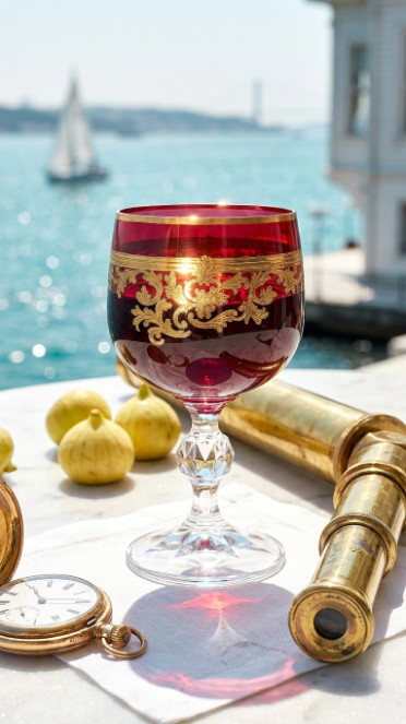 Roccaré Crimson Red goblet on a seaside table with lemons, a telescope and sailing view