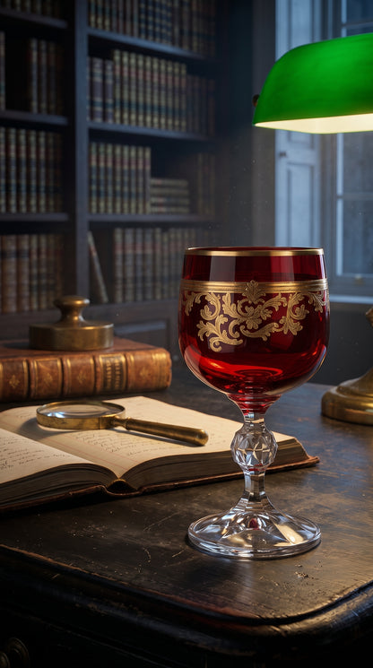 Roccaré Crimson Red goblet on a leather writing desk beside an open book and green lamp