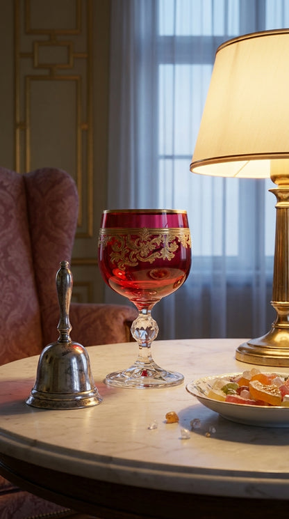 Roccaré Crimson Red goblet on a bright side table beside a lamp, pastry and service bell