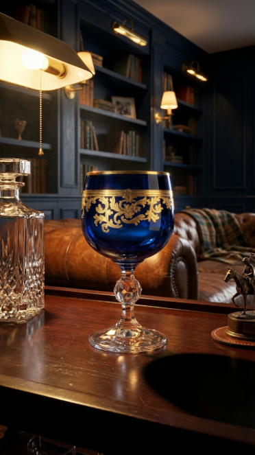 Midnight Sapphire Roccaré cordial goblet on a wood desk in a dark library