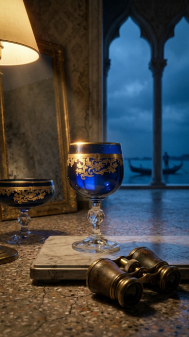 Midnight Sapphire Roccaré goblet on stone beside binoculars and an arched sea view
