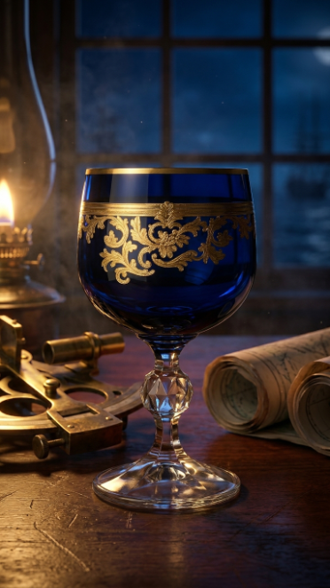 Midnight Sapphire Roccaré goblet on a writing desk with papers and candlelight