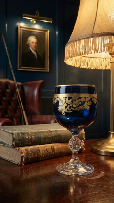 Midnight Sapphire Roccaré goblet beside books and a fringed library lamp