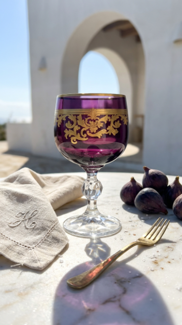Regal Violet Roccaré Cordial Goblet on a sunlit balcony beside grapes, a book and a mirror.