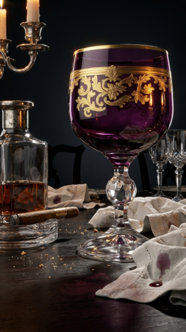 Regal Violet Roccaré Cordial Goblet on a candlelit table beside a decanter and folded napkin.