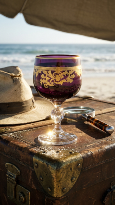 Regal Violet Roccaré Cordial Goblet on an antique travel trunk at the seaside.