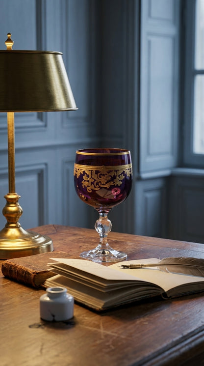 Regal Violet Roccaré Cordial Goblet on a wood writing desk beside a lamp and open notebook.