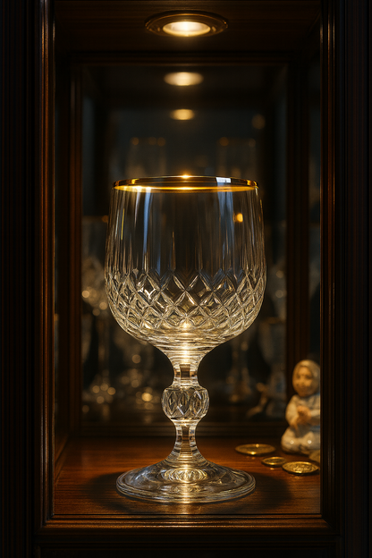 Thalora Cordial Goblet illuminated in a dark wood display niche.