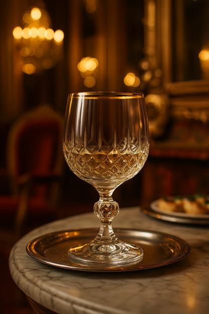 Thalora Cordial Goblet on a round table in a chandelier-lit dining room.