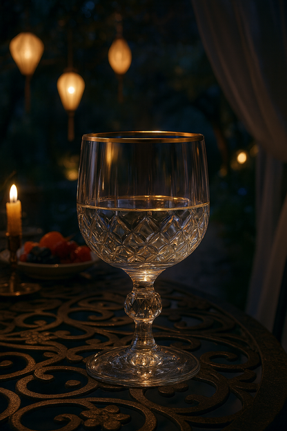 Thalora Cordial Goblet on a patterned metal table beside a candle at dusk.